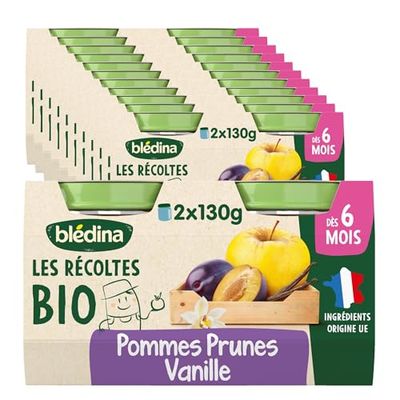 Blédina - Les Recoltes Bio - Petits pots pour bébé - Pommes Prunes Vanille - Recette BIO et simple - De 4 à 6 mois - 24 pots de 130g