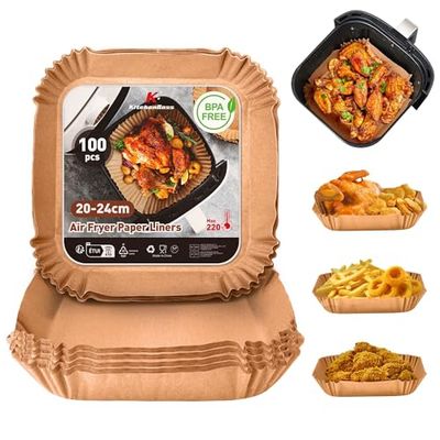 KitchenBoss 100 Pezzi Carta Forno Per Friggitrice Ad Aria: Contenitori Fogli Per Friggitrice Ad Aria Quadrata 20-24cm, Antiaderente Usa e Getta Carta Pergamena per Air Fryer Forno Padelle Microonde