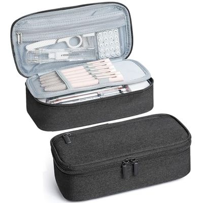 AiQInu Pennenetui, groot etui, capaciteit etui met 5 vakken, voor school en kantoor, zwart, zwart, pen case zwart