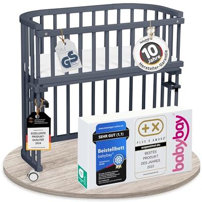 babybay Original lit cododo en Bois de hêtre Massif/Compact et modulable/Hauteur du lit réglable en continu/lit bébé évolutif (Peint en Gris Ardoise) / avec Matelas, Barres, Roues