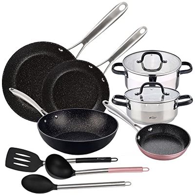 Batterie de cuisine avec: casseroles 20x8.5 et 24x10.5 cm avec couvercles, acier inoxydable, induction, et casseroles 16x4.0, 20x5.0, 28x6.0 et wok 28x8.0 cm, al