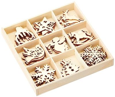 cArt-Us - Scatola in Legno con 45 Decorazioni Natalizie, 10,5 x 10,5 cm, in Legno Naturale