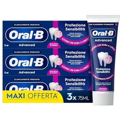 Oral-B Dentifricio Advanced Protezione Sensibilità Sapore Eucalipto & Menta Piperita per proteggere i denti sensibili 3x75ml