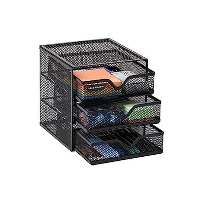 Mind Reader Network Collection, 3-Drawer Accessory Storage, Desk Supplies, Memo Holder, Paper/Binder Clip Basket, Desktop Organizer, Metal Mesh, 6.25" L x 6.5" W x 6.5" H, Black