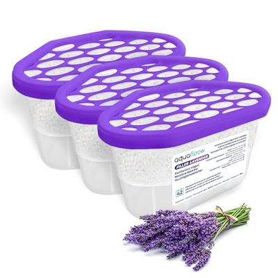 Aquafloow Luchtontvochtiger 400 ml, Verlaagt de Luchtvochtigheid, 3 Stukken Ontvochtigers voor vocht LAVENDER | Geurneutralisator, Vochtabsorber voor Keuken, Kast, Badkamer en Studeerkamer