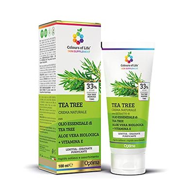 Colours of Life Skin Supplement Tea Tree - Crema naturale ad azione purificante - con Aloe vera biologica e Vitamina E - Utile per punture d'insetto, acne, foruncoli - Formato 100 ml