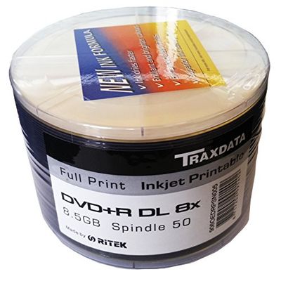 Traxdata White Inkjet Printable, Double Layer DVD+R DL, Pack of 50