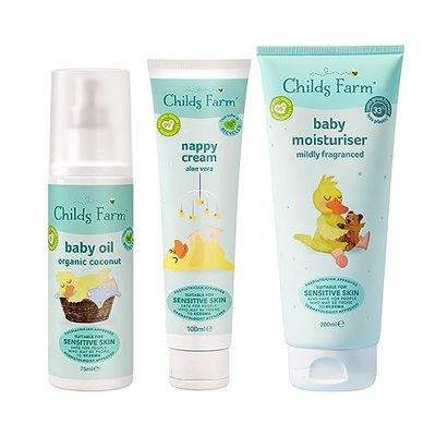 Child Farm Baby Nappy Bag Essentials | Baby Oil 75ml, Nappy Cream 100ml, Baby Moisturiser 200ml | Suitable for Dry, Sensitive & Eczema-prone Skin