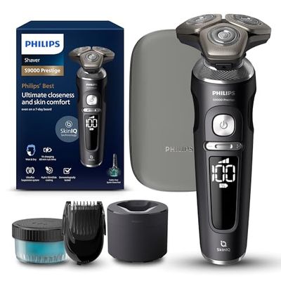 Philips Rasoio Serie 9000 Prestige, rasoio elettrico a secco e umido, nero opaco, sistema di rasatura Lift&Cut, tecnologia SkinIQ, regolabarba, base per pulizia, custodia (modello SP9840/31)