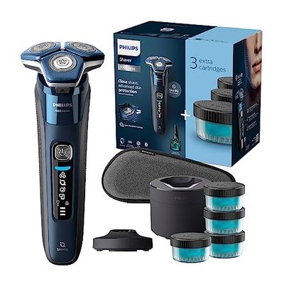 Philips Serie 7000 Afeitadora Eléctrica Hombre, Maquina de Afeitar Barba con Cortapatillas, Barbero, Inalambrica, Recargable, Centro Limpieza, Base Carga, Funda, 4 Cartuchos, S7885/63, Azul