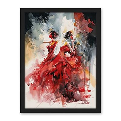 Artery8 Flamenco Music Female Dancers Dancing on Stage in Red Dresses Modern Watercolour Painting Artwork Framed Wall Art Print 18X24 Inch