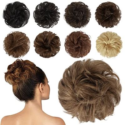 FESHFEN 100% veri capelli umani Dutt elastici per capelli ondulati, per donne e ragazze, colore marrone cenere