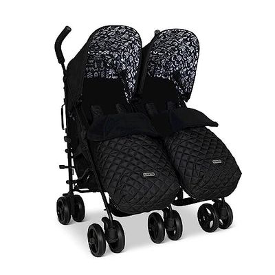 Cosatto Supa Dupa Dubbele kinderwagen - kinderwagen vanaf de geboorte 0-25 kg, licht, compact opvouwbaar, met voetenzak, bekerhouder en regenhoezen (zwart silhouet)
