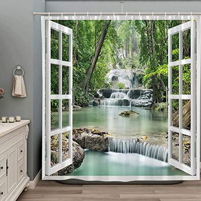 ZZYSKS Tenda da doccia a cascata della foresta primavera natura scenico albero verde tropicale giungla foresta pluviale fiume pietra paesaggio tessuto arredamento bagno set con ganci 170 x 170 cm