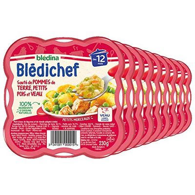 Blédina - Blédichef - Repas Bébé 12 Mois - Pommes de Terre Petits Pois Veau - Petits Morceaux - 100% Ingrédients d'Origine Naturelle - Dès 12 Mois - 8 Assiettes de 230g