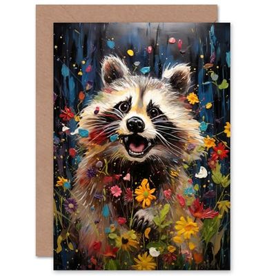 Artery8 Racoon Romp Wildflower Meadow Quirky for Him or Her Man Woman Birthday Thank You Congratulations Blank Art Greeting Card