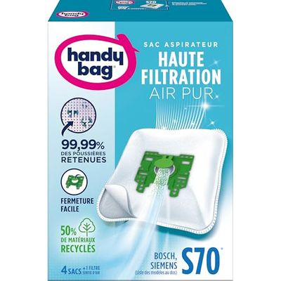 Handy Bag - Sacs aspirateur S70 x4sacs - Compatibles Bosch, Siemens, Privileg, Profilo, UFESA - 99,99% des poussières retenues - Fermeture facile - Filtre anti-allergène - 50% de matériaux recyclés