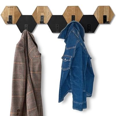 FLEXISTYLE Hexagon Wall Coat Rack Wood Oak Black Design Modern Teenager's Room Bathroom Natural (Black/Oak, 77)