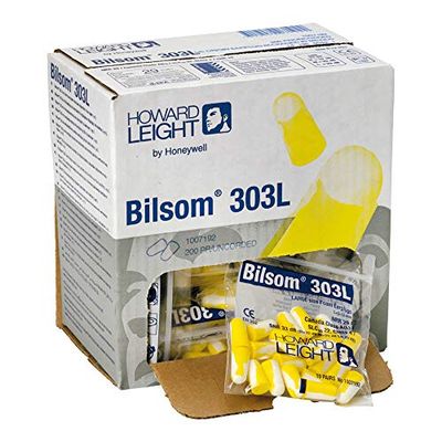 Howard Leight by Honeywell Bilsom 303L schuimrubberen oordopjes voor eenmalig gebruik, SNR 33 dB, maat L, geel en wit, bolvormig, zonder kabel, 1007192 (pak van 200 paar)