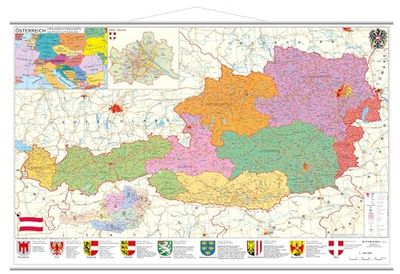 Österreich politisch PLZ und Organisationskarte Wandkarte mit Metallbeleistung NEUE AUFLAGE