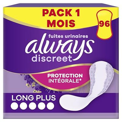 Always Discreet, 96 Protège-Slips Incontinence Femme, Long Plus, Protection Intégrale pour Fuites Urinaires Très Légères, Pack 1 Mois