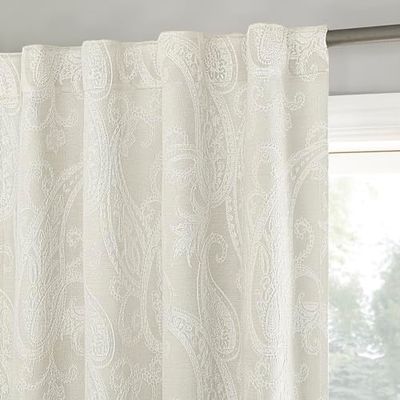 Sun Zero Pedra Paisley Embroidery 100% Blackout Back Tab Curtain Panel, 40" x 84", Pearl White