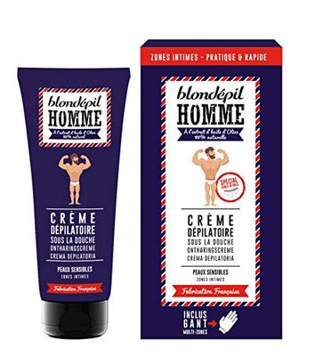 BLONDEPIL HOMME Crema depilatoria e guanto esfoliante Intimate Zone Extra per pelli sensibili, 100 ml