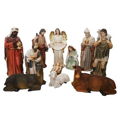 DRW Misterio Nacimiento de 11 Piezas Clasico con Reyes, Angel, Pastor y Animales de Resina Pintado a Mano 80 cm Alto