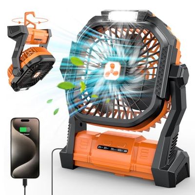 Ventilador Portátil de 20000 mAh, Ventilador USB con Linterna LED, Ventilador de Mesa con Batería y Puerto Type-C, Ventilador Recargable Perfecto para el Camping, los Viajes y la Playa Naranja