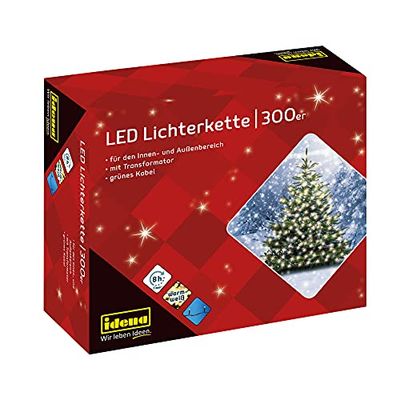 Idena 30441 - Corrente de luzes LED com 300 LEDs em branco quente, com função de temporizador de 8 horas e transformador, para interior e exterior, como decoração para festas, Natal, casamentos