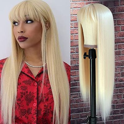 QD-Tizer 613 Blonde Long Straight Synthetic Hair Wigs with Bangs Women's Costume Wig Heat Resistant Hair Replacement Wig