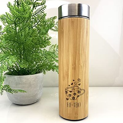 eBuyGB Engraved Wooden Travel Flask -FIF-Tea Design - 500ml Coffee/Tea Cup, Mug, 50th Birthday Gifts for Women, Her - Fiftieth Birthday Gift for Mum, Friend, Sister, Grandma