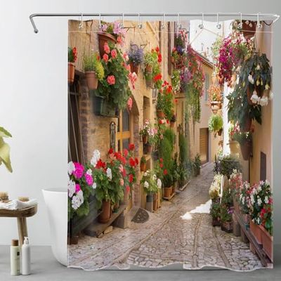 LB Nature Decorations Shower Curtain,3D Printing European Style Mediterranean Greece Scene Old Street Flowers Picture,Mildew Resistant Waterproof Polyester Fabric Bathroom Decor 60x72 Inch