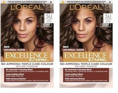 L’Oréal Excellence Permanent Hair Dye Colouring Cream, 100% Grey Coverage, With Pro-Keratin + Ammonia-Free, Universal Nudes, 5U Light Brown (Pack of 2)