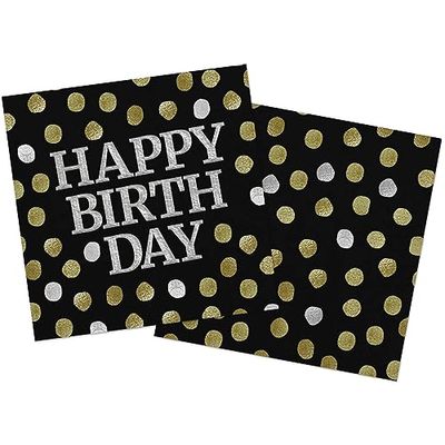 Folat- Tovaglioli Neri Lucidi Happy Birthday 33x33cm-20 Pezzi, Oro, Medio, 68002