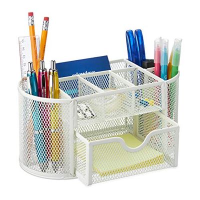 Relaxdays Portaoggetti da Scrivania, Casa & Ufficio, Portapenne & Cassetto, Organizer in Metallo, 10,5x22x11 cm, Bianco, Acciaio, 1 pz