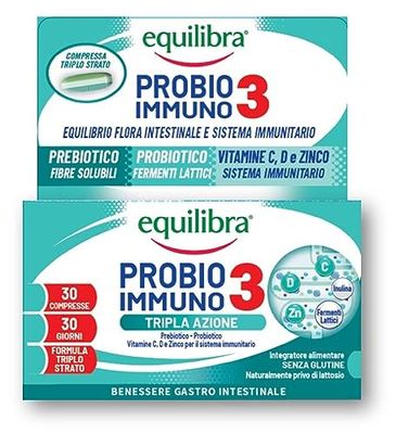 Equilibra Integratori Alimentari, Probio 3 Immuno, Fermenti Lattici Probiotici e Prebiotici per Flora Intestinale con Vitamine C, D e Zinco, 30 Compresse Triplo Strato Rilascio Graduale con Pre-Taglio