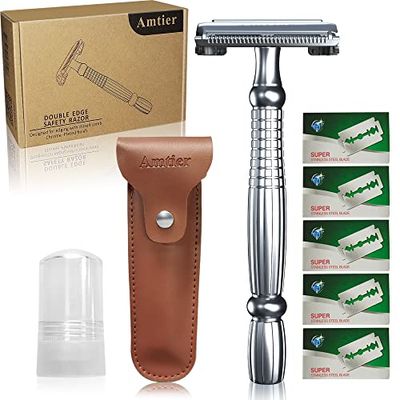 Set da uomo per rasoio di sicurezza Amtier - incluse 5 lame Japan - pietra di allume emostatico dopobarba - custodia da viaggio per rasoi Custodia protettiva per rasoio portatile in pelle