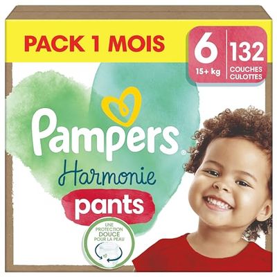 Pampers Harmonie Pants, Taille 6, 132 Couches-Culottes, 15kg+, Maintien Complet 360°, Ingrédients d’origine végétale, Maintenant Avec un Emballage Recyclable en Papier, Pack 1 Mois