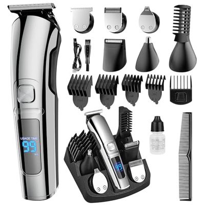16-in-1 Beard Trimmer for Men, Professional Hair Clippers & Trimmer with Self-Sharpening Blades, IPX7 Waterproof, Electric Grooming Kit with Large LED Display, Suitable for Families and Barber