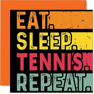 Verjaardagskaart grappig voor haar of hem - eten, slapen, tennis, herhaling - gelukkige verjaardagskaarten voor spelers sportliefhebbers geschenken, 145 mm x 145 mm verjaardagswenskaarten voor alle