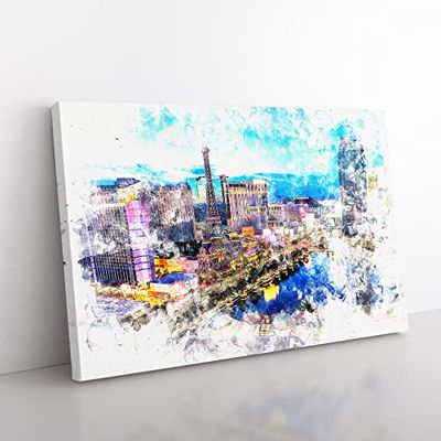 The Las Vegas Strip Watercolour Modern Canvas Wall Art Print Ready to Hang, Framed Picture for Living Room Bedroom Home Office Décor, 76x50 cm (30x20 Inch)