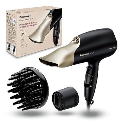 Panasonic - EH-NA67-K825 | Sèche-cheveux, Technologie nanoe, Évite d'abîmer les cheveux tout en protégeant le cuir chevelu, Embout oscillant, Diffuseur, Concentrateur, Touche Air Froid, Noir mat et Or