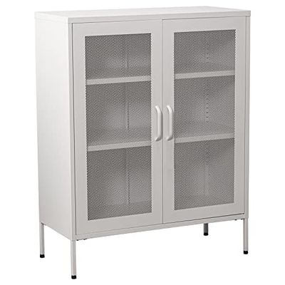 DRW Kast met 2 deuren met metalen rooster in wit, 80 x 35 x 102 cm, hoogte: 15,5 cm