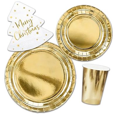 Decoraparty Set de vaisselle de Noël doré, décorations de table jetables pour 6 personnes pour fêtes de Noël, 6 grandes assiettes, 6 petites assiettes, 20 serviettes, 6 verres