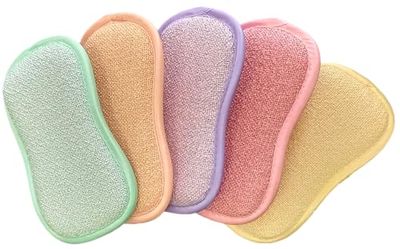 EPONGENIO MYBO TV - Set med 5 dubbelsidiga tvättsvampar, maskintvättbar, reptålig och flera ytor, pastellfärgad, 11 cm x 17 cm - visad på TV