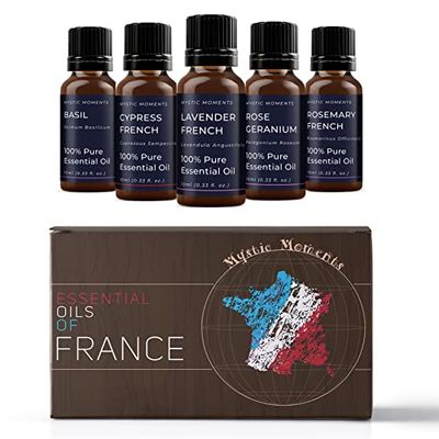 Mystic Moments | Essential Oils of France Essential Oil Gift Starter Pack 5x10ml | Basil Cypress, French Lavender, French Rose Geranium, Rosemary French | Perfect as a Gift