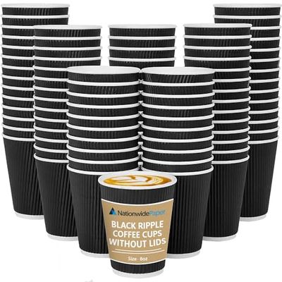 Nationwide Paper Coffee Cups Without Lids, Insulated Ripple Hot Paper Cups, Disposable Cups for Hot Drinks, (8oz-25 Pcs, Black)