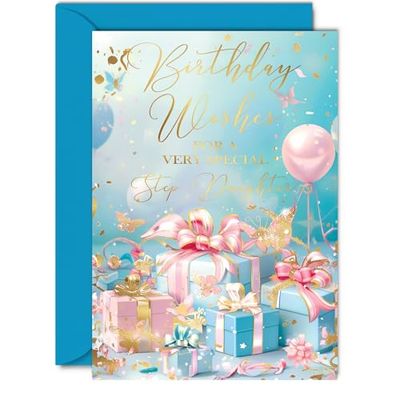 Beautiful Gold Birthday Cards for Step-Daughter - Fantastic Golden Presents - Elegant Traditional Pretty Birthday Card for Step Daughter from Step Mum Dad, A5 Gorgeous Greeting Cards Gift