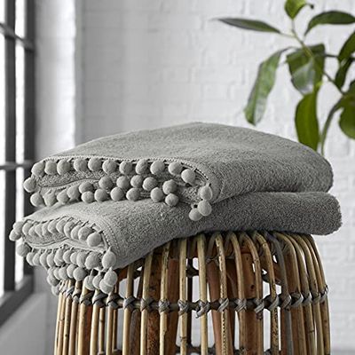 GC GAVENO CAVAILIA Luxury 2PK Pom Pure Cotton 550 GSM Hand Towels OR Ultra Soft Super Absorbent, Egyptian, Grey, Pack of 2 Bath Sheet